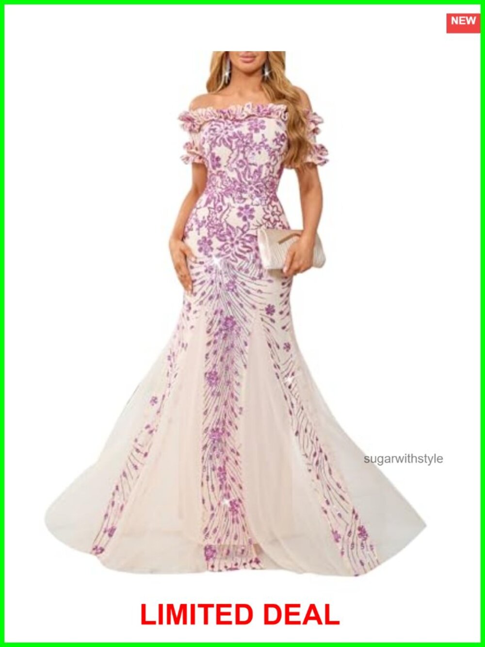 Off Shoulder Sequin Formal Gown Ruffle Sleeve Mesh Evening Dress